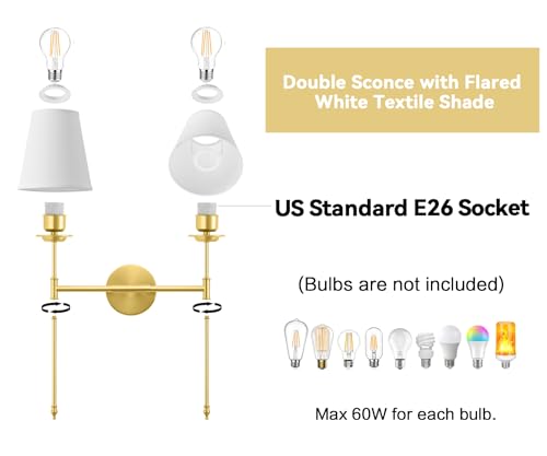 Image of Wall Sconce with Flared White Textile Lamp Shade, Double Sconces Wall Lighting Bathroom Light Fixtures, Gold Brushed Wall Lights Wall Lamp Vanity Light Fixtures with Long Arms, E26 Base
