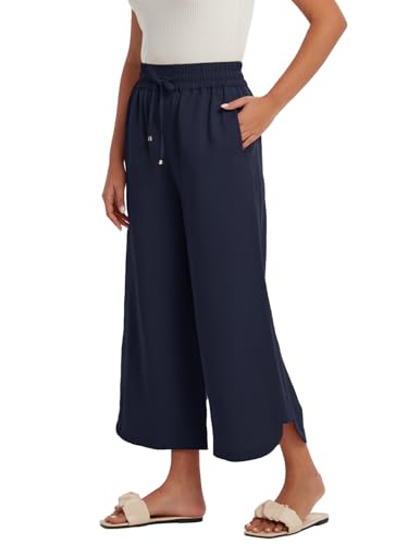 Les umes Womens Linen Wide Leg Cropped Pants High Elastic Waist with Drawstring Casual Summer Ankle Trousers