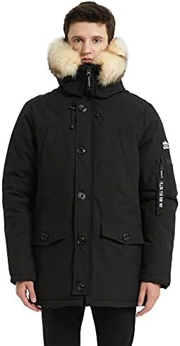 PUREMSX Mens Quilted Parka, Winter Coats Vegan Down, Thickened Insulated Jacket Overcoat, Heavy Weight Parka Jacket with Fur Hood, Skiing Jacket Water Resistant,Black,XXX-Large