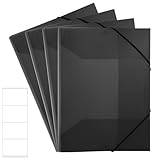 4 Stück Sammelmappe A4, Postmappe aus Kunststoff Transluzent Eckspannermappe mit Gummizug und Innenklappen Dokumentenmappe für Schule Büro Zuhause (Schwarz, mit Aufkleber)