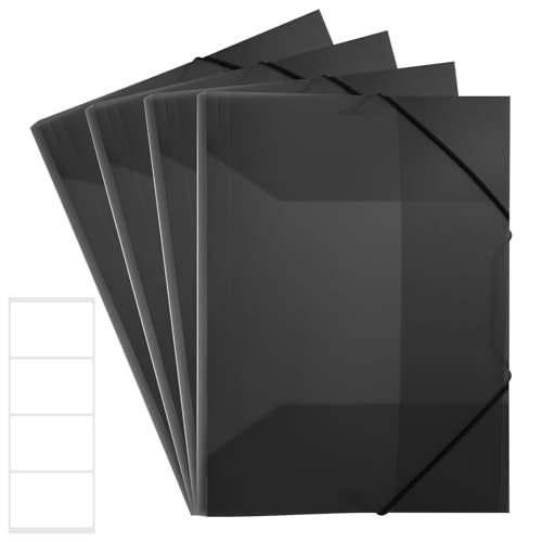 4 Stück Sammelmappe A4, Postmappe aus Kunststoff Transluzent Eckspannermappe mit Gummizug und Innenklappen Dokumentenmappe für Schule Büro Zuhause (Schwarz, mit Aufkleber)