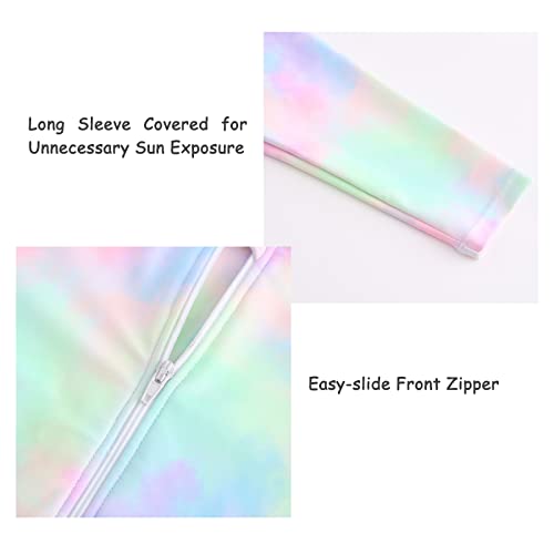 Girls Long Sleeve Rash Guard One Piece Swimsuits for Kids Tie Dye Bathing Suit UPF 50+ Swim Shirts Rainbow Tye Die 5T4