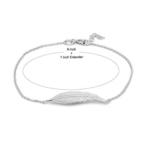 Vanbelle Leaf Design Anklet - Rhodium Plated 925 Sterling Silver - Feather Charm Anklet For Women And Girls - 9" Long + 1" Extender - Nickel & Lead Free Sterling Silver #TOP3