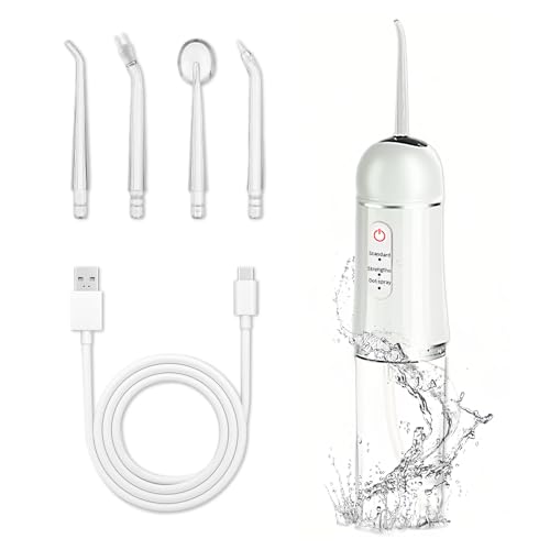 Peran Munddusche Kabellos,Elektrischer Zahnreiniger,3-Gang-Einstellung mit 4 Düsen Wasser Flosser IPX7 Wasserdicht,230ML Reise Elektrischer Zahnreiniger für die Reinigung von Mund und Zahnspange