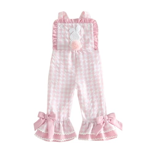 YINGISFITM Toddler Baby Girl Easter Outfit Bunny Overalls Ruffle Bell-Bottom Plaid One Piece Romper Jumpsuit Cute Clothes (Bunny Pink 12-18 Months)