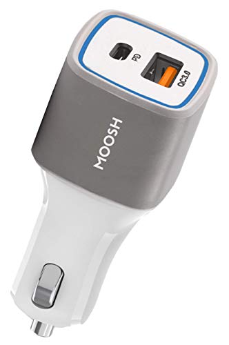 MOOSH Car Charger Smart Power Type C Power Delivery (PD) 18W & Quick Charger QC 3.0 Dual USB Port Car Charger/Adapter with LED (White)