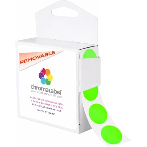 ChromaLabel Okrągłe zdejmowane naklejki w kropki z kodem kolorów, 1000 na pudełko dozownika, fluorescencyjna zieleń