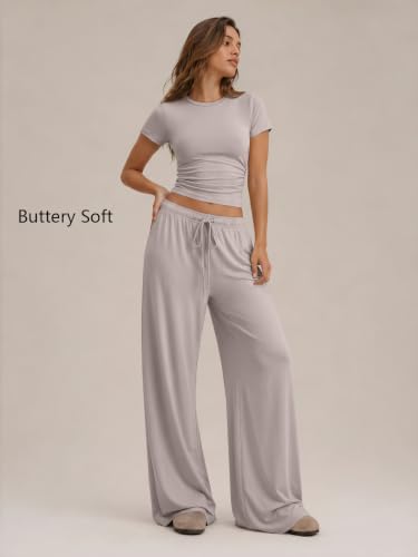 Image of Trendy Queen 2 Piece Matching Summer Lounge Set Womens Side Ruching Top Wide Leg Pants Sets with Pockets