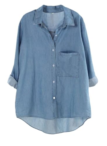 Minibee Women's Casual Cotton Linen Blouse Plus Size High Low Shirt Long Sleeve Tops Denim Blue 2XL