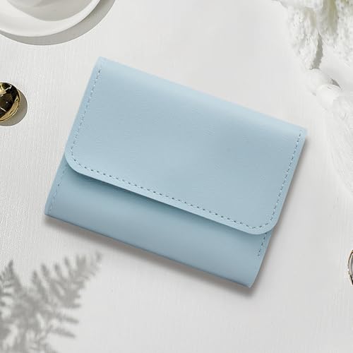 Trifold Wallet for Women, Small Simple Wallets PU Leather Slim Wallet for Women with 4 Card Slots 1 ID Window (Blue)