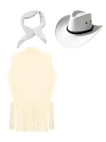 renvena Kids Western Cowboy Cowgirl Outfits Fringe Rivets Vest Cardigan with Cowboy Hat Bandanna Set2