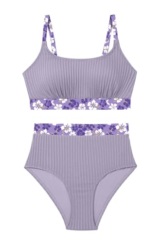 Image of Herseas Women's Textured Bikini Sets Floral Print Trim Scoop Neck Swimsuits High Waisted Bathing Suits