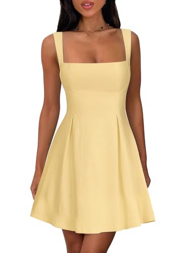 LUNAMODA Womens Square Neck Mini Dress Sexy Sleeveless Adjustable Straps Bow Tie A-Line Short Cocktail Party Club Dresses Yellow XX-Large