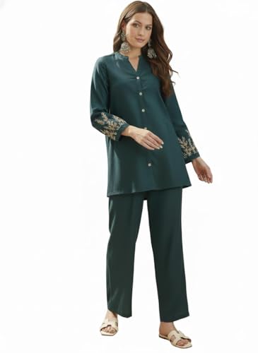 Image of SHEINZY Elegant Embroidered Sleeve Co-Ord Set for Women | Comfortable Silk Blend V-Neck Button-Down Top Matching Pants | Stylish Casual Ethnic Wear