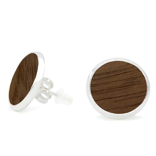NaturSchatulle Holzschmuck Ohrringe Damen 10mm Holzohrringe Stecker Rund Nussbaum Holz in Titanium Fassung Natürliche Ohrstecker Schmuck