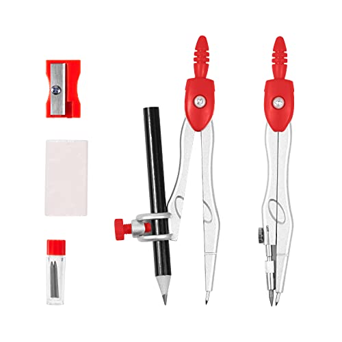 Unjoo Math Geometry Sets 10 Piece Student Supplies With Shatterproof Storage Box,Includes Rulers,Protractor,Compass,Eraser,Pencil Sharpener,Lead Refills,Pencil,For Drafting And Drawings (Red)） #TOP5