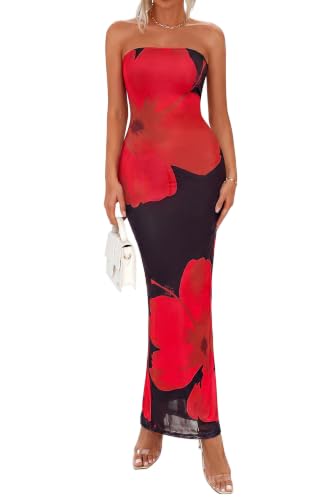 Image of PRETTYGARDEN Women Summer Strapless Maxi Dress Bodycon Floral Sexy Long Wedding Guest Dress Formal Tube Mesh Cocktail Dresses