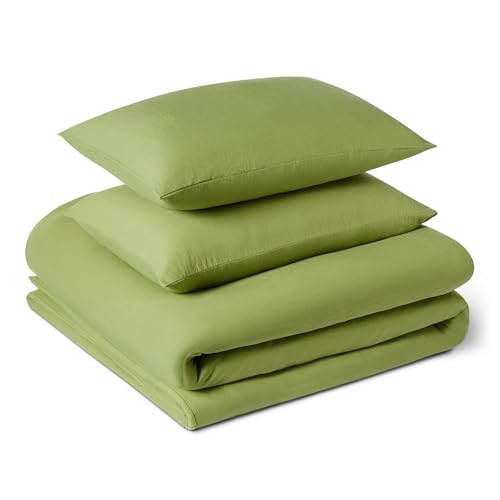 Amazon Basics 3-Piece Brushed Microfibre Bedding Set, Extra Soft with Natural Texture, King size, Duvet Cover 225 x 220 cm & 2 Pillowcases 50 x 80 cm, Green