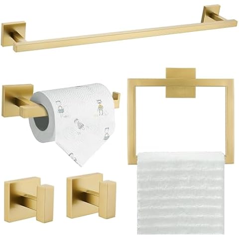 TQKAG 5-Piece Bathroom Accessories Set Brushed Gold Bathroom Hardware Set SUS304 Stainless Steel Classic Wall Mounted Towel Bar Sets 23.6" Towel Rack for Bathroom, Brushed Gold Cover
