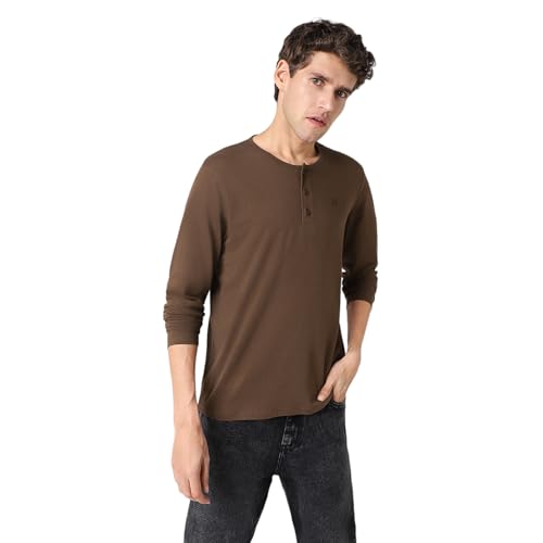 Urbano Fashion Men's Cocoa Brown Solid Henley Neck Slim Fit Full Sleeve Cotton T-Shirt (hentee-Full-cobro-s)