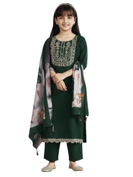 Image of Girls Ethnic Embroidered Silk Kurta Pant and Jacquard Dupatta Set | Kids Salwar Suit | three piece Traditional Outfit