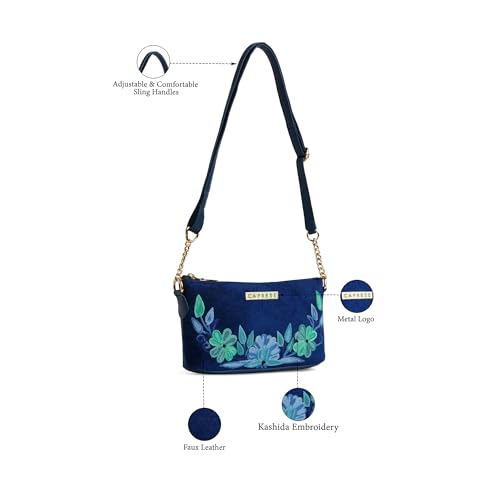 Image of Caprese Siji Tresna Small Sling Bag for Women | Kashida Embroidery Crossbody with Adjustable Strap & Secured Zip Closure | Stylish Handbag for Everyday Use, Travel & Special Occasions