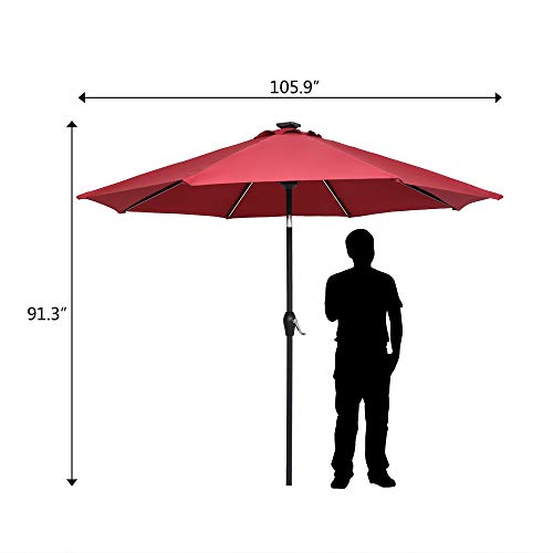 Aurora Furniture 9 Ft Strip Light Outdoor Patio Umbrella, Folding Market Table Sunbrella Waterproof Umbrella with Solar Energystorage Panel for Yard Lawn Beach, Base not Included, Wine Red