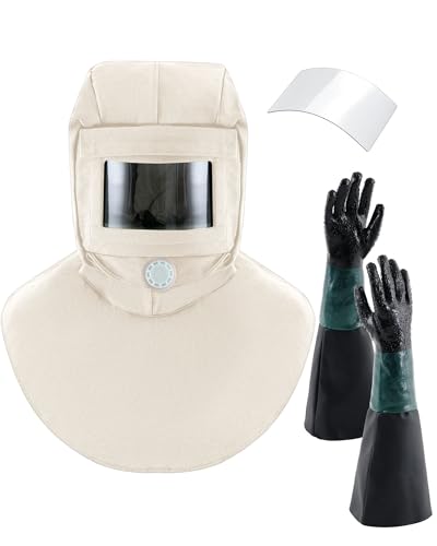 Image of 3Pcs Shawl Cap Sandblasting Mask Set, 1 Sand Blasting Hood Cap 1 Gloves 1 Sandblasting Hood Replacement Lens Glass