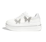 LUCKY STEP Women's Chunky Fashion Sneakers High Platform Rhinestone Butterfly Casual Faux Leather Durable Walking Tennis Shoes(White,8.5)