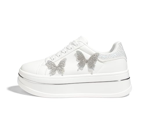 LUCKY STEP Women's Chunky Fashion Sneakers High Platform Rhinestone Butterfly Casual Faux Leather Durable Walking Tennis Shoes(White,8.5)