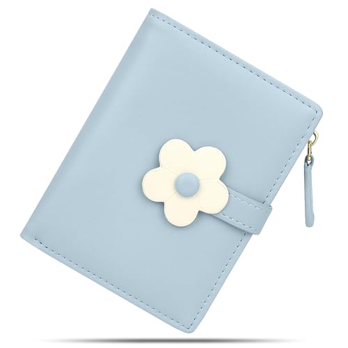 conisy Süß Geldbörse Damen Klein, Dünn Bifold Leder Portemonnaie Damen mit RFID Schutz, Geldbeutel Mädchen mit Reißverschluss Münzfach (Blume blau)