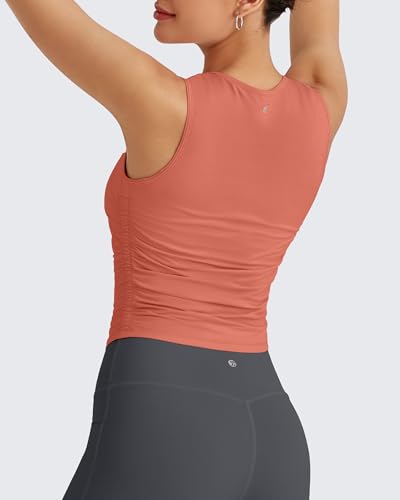 Image of G4Free Skimetic Workout Tank Tops for Women Side Ruched Sleeveless High Neck Crop Top Summer Athletic Gym Shirts