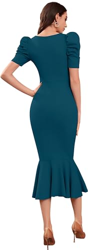 Image of ELLITI Women's Lycra Blend Sweetheart Neckline /V-Neck, Bodycon Dress with Mor Pich Color Short Puff Sleeve and Mermaid Hem, Calf Length /Midi Length /Knee Length Dress