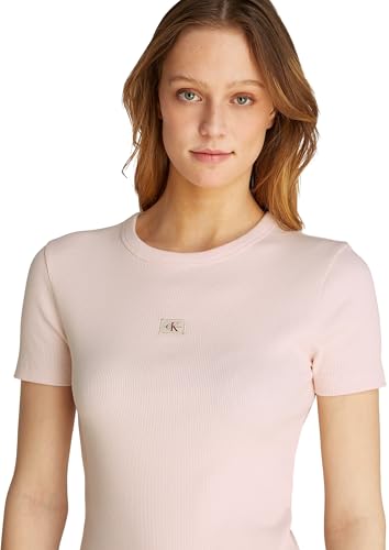 Calvin Klein Damen T-Shirt Kurzarm Woven Label Rib Tee Slim Fit, Rosa (Silver Peony), XXS – Ansicht 2