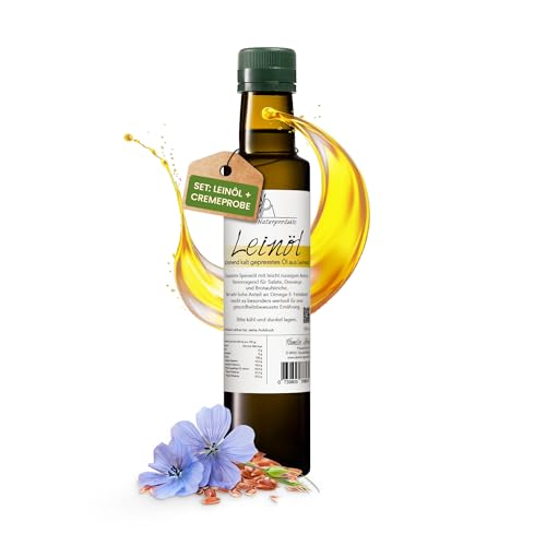 Abele’s Naturprodukte® - Leinöl kaltgepresst [250ml] - inkl. Probe Naturcreme – naturbelassen & aus eigenem Anbau – Omega-3 Quelle – frisch & ungefiltert