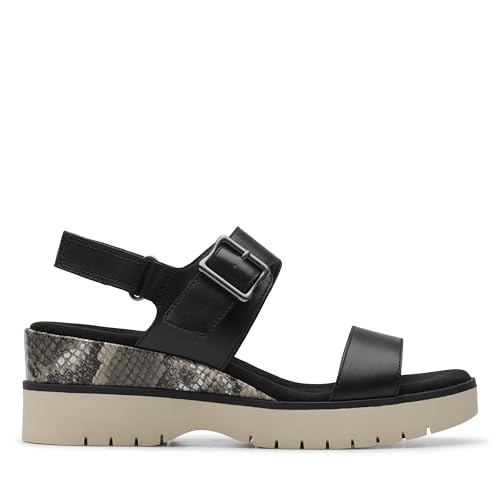 Clarks Sandalias de cuña modernas para mujer, piel combinado negro., 9.5