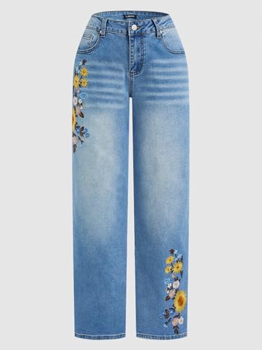 Flamingals Straight Leg Jeans for Women Mid Rise Casual Wash Floral Embroidery Denim Pants4