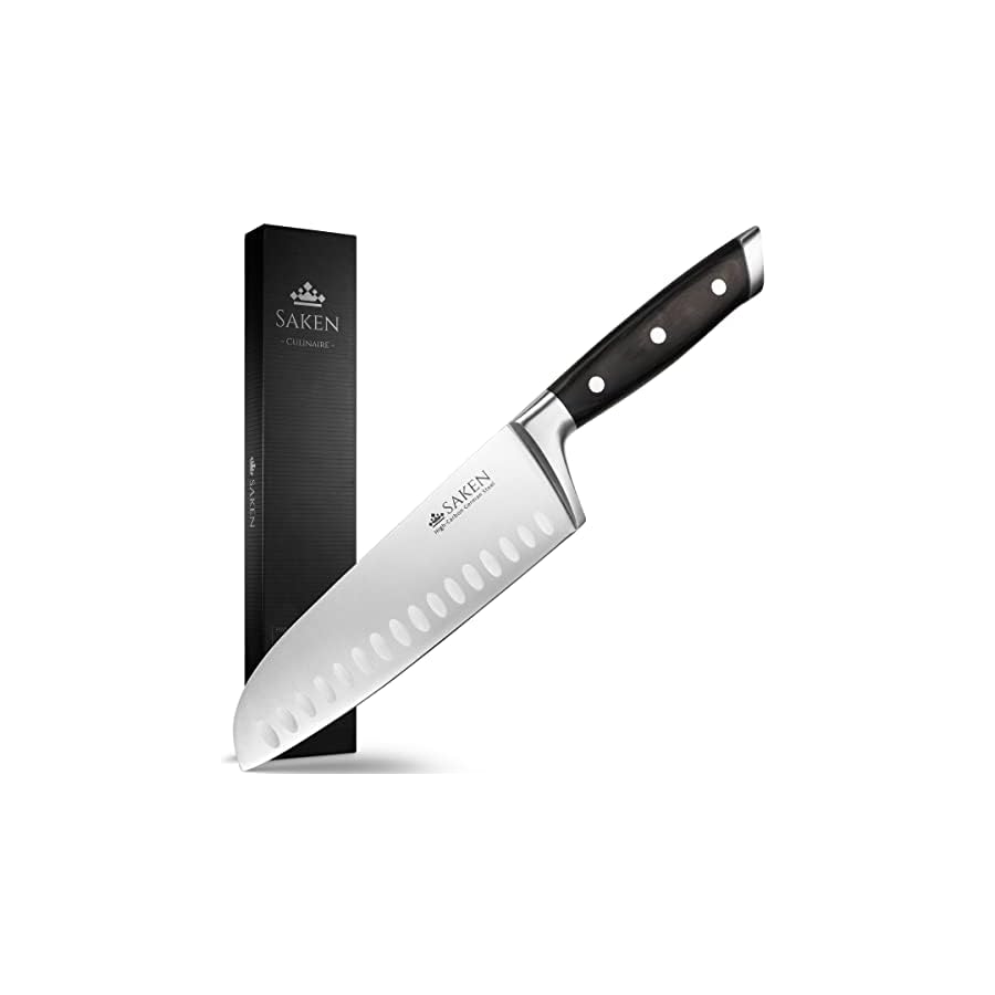 SAKEN-Santoku-Knife-7-Inch-Japanese-Chef-Knife-with-High-Carbon-German-Steel-Blade-Granton-Edge-and-Ergonomic-Handle-Multipurpose-Kitchen-Knife-for-Mincing-Slicing-and-Dicing saken chef knives