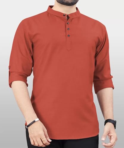 Image of DEEMOON Men's Regular Fit Solid Sprad Collar Casual Shirt with a Trendy Mandarin Collar Crafted from a Premium Cotton Blend
