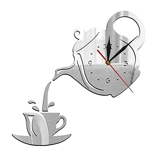Frameless Large Wall Clock Creative Teapot Kettle Wall Clock 3D Acrylic Coffee Tea Cup Wall Clocks For Office Home Kitchen Dining Living Room Decorations 225 (Color : Silver)