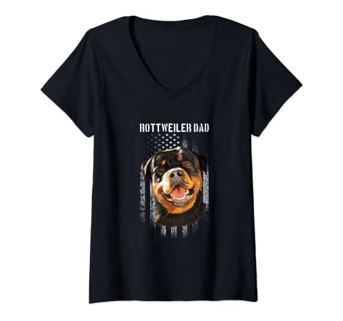Mujer Rottweiler Dad US Flag | Dueño del perro | Rottie Lover Camiseta Cuello V