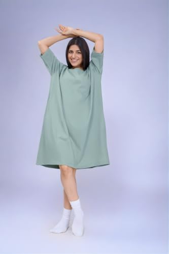 Image of LAMA STORE Women's Printed Oversized T-Shirt Dress, Cotton, 3 /4 Sleeve Length, Casual Loose Fit, Comfort Wear Extra Comfy Oversized Printed Pocket T-Shirt Dress