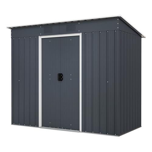 COSTWAY 7x3.6FT Metal Storage Shed, Outdoor Lockable Tool Storage House with Foundation, Ramp, Air Windows & Sliding Door, Weatherproof Garden Shed Box Organizer for Backyard Patio