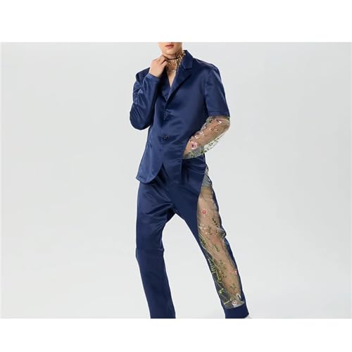 Men Embroidery Mesh Patchwork Lapel Long Sleeve Blazer & Pants 2PCS Set Stylish Men Casual Suits2