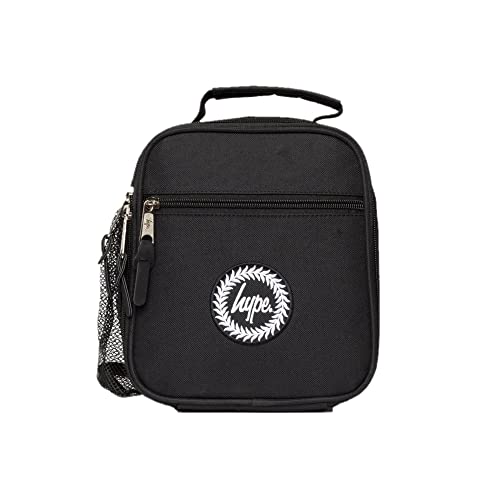 hype Unisex Lunch Box Iconic Style in Plain Black School Bag for Kids Stylish Lunch Bag with Bottle Holder 3 Storage Compartments Inside Thermal Lining & Grab Handle