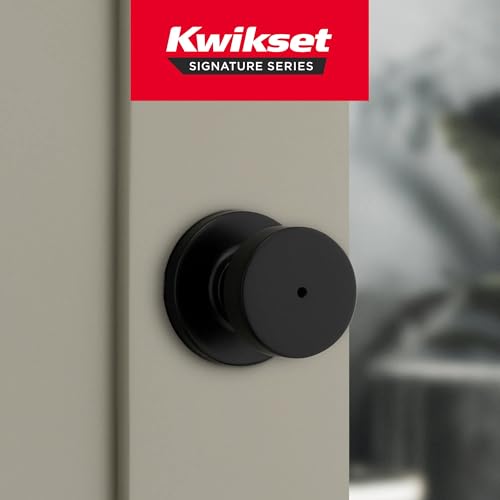 Image of Kwikset Pismo Interior Round Privacy Door Knob with Lock, Door Handle for Bathroom and Bedroom, Matte Black Keyless Push Button Lock Doorknob