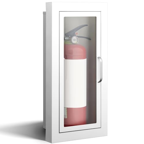 Image of Zonon 1 Pcs Semi Recessed Fire Extinguisher Cabinet, Steel Wall Mount Cabinet with Magnetic Door & Handle, Acrylic Window, 2.5 inch Trim Frame, Fits 2.5 /5 /10 lb Fire Extinguishers, White