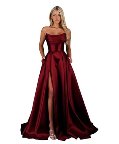 Sincemeet Damen Satin Ballkleider mit Schlitztaschen Ballkleider rückenfreies Ball Kleid Formelle Party Kleid Burgundy Kleid Ballkleid Damen...