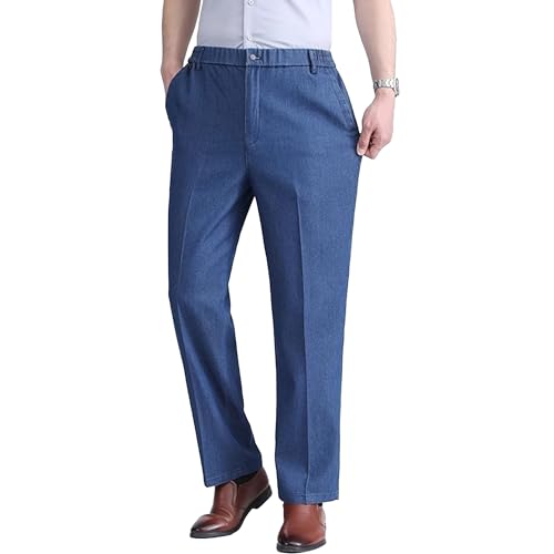 Men's Elastic Waist Jeans Stretchy Straight Leg Lightweight Jeans Relaxed Fit Pants with Zipper and Button