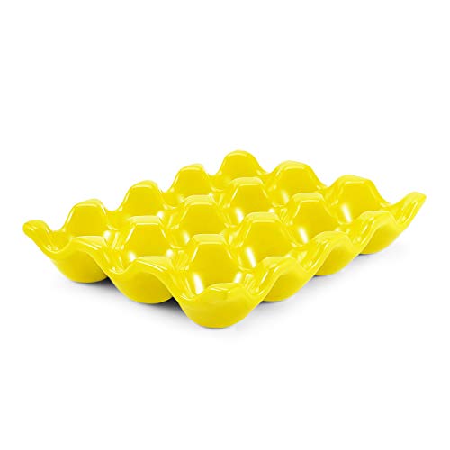 Flexzion Ceramic 12 Cups Egg Tray - Whole Dozen Porcelain Egg Holder Container